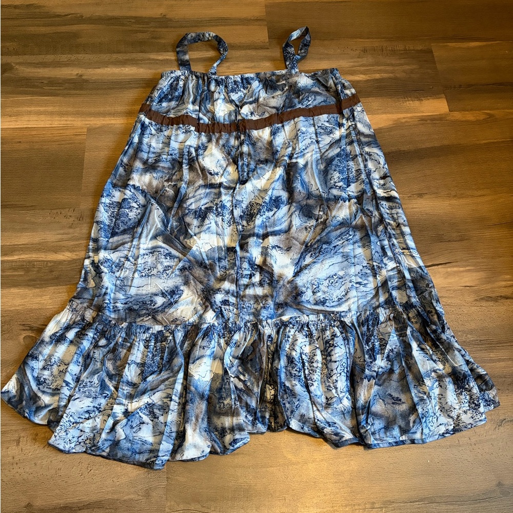 Womens Blue Marble-Print Backless Sundress with Brown Trim *No Size Tag*